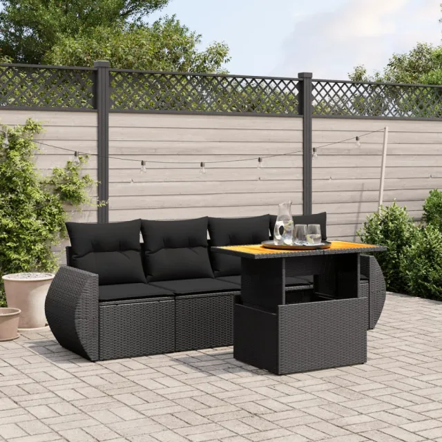 vidaXL 5-delige Loungeset met kussens poly rattan zwart, foto 2