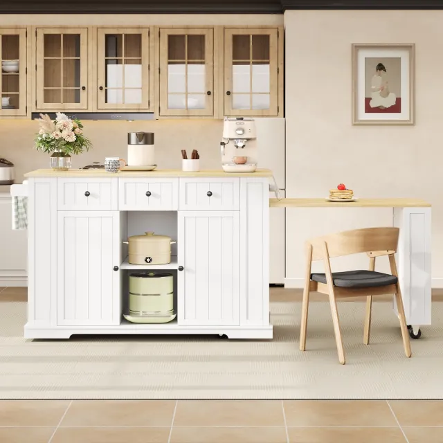 COVREO Keukenwagen 138x55x93 cm wit naturel, MDF met uittrekbare eettafel