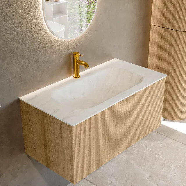 Mondiaz KURVE-DLUX 90 cm Onderkast Greeploos 1 Lade Zonder Deuren Oak, Wastafel Solid Surface Midden Opalo 1 Kraangat Zonder Spiegel (KRVBGS901L0D1KM-Oak/Opa)