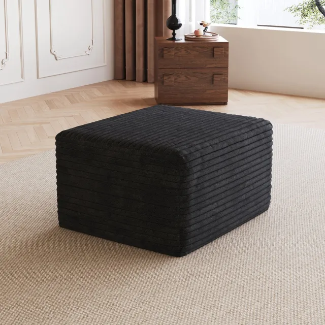 DESMIU Poef – Zachte Gestreepte Corduroy – 60 x 65 x 38 Cm – Stof – Zwart – Modern Voor Woonkamer En Zitcomfort