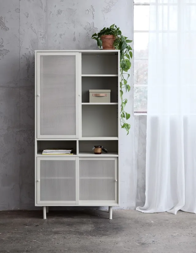 Hygge Interiors KISO - Buffetkast met 4 deuren, 2 open metalen vakken, H180cm Greige (Grijs-Beige)