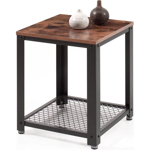 Acaza Bijzettafel - Zwart en rustiek bruin - 45 x 45 x 55 cm (L x B x H) - 2 Verstelbare Gaasplanken - Kleine Salontafel - Tafel Industrieel - Banktafel - Bijzettafels - Bijzettafel zwart en bruin vintage - Bijzettafel hout - Houten Bijzettafel