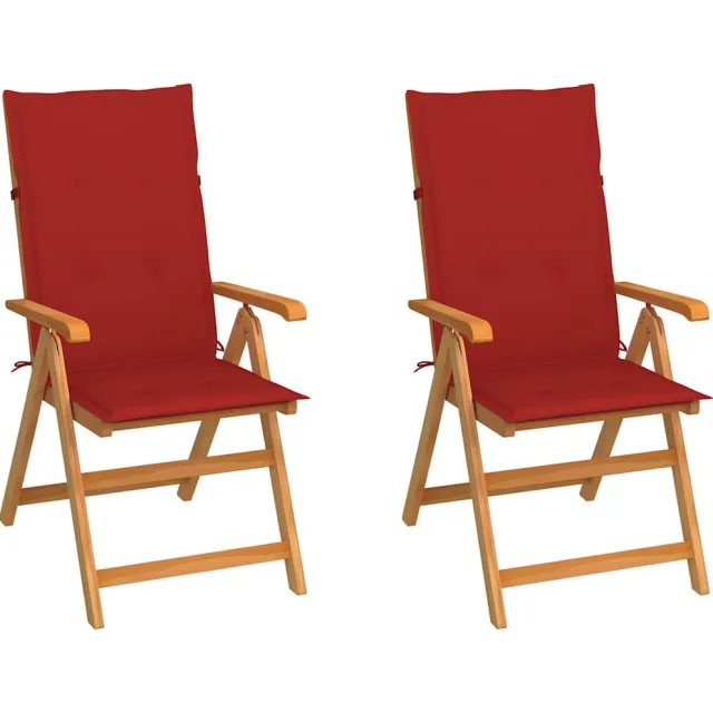 vidaXL Inklapbare stoelen 2 st met rode kussens massief teakhout Rood