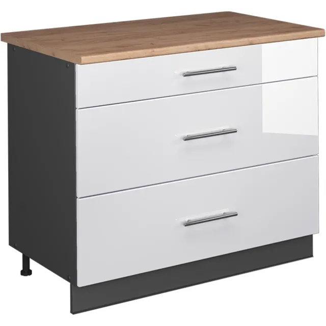Vicco Keukenonderkast Fame-Line, Wit Hoogglans/Antraciet, 100 cm, WB Eik