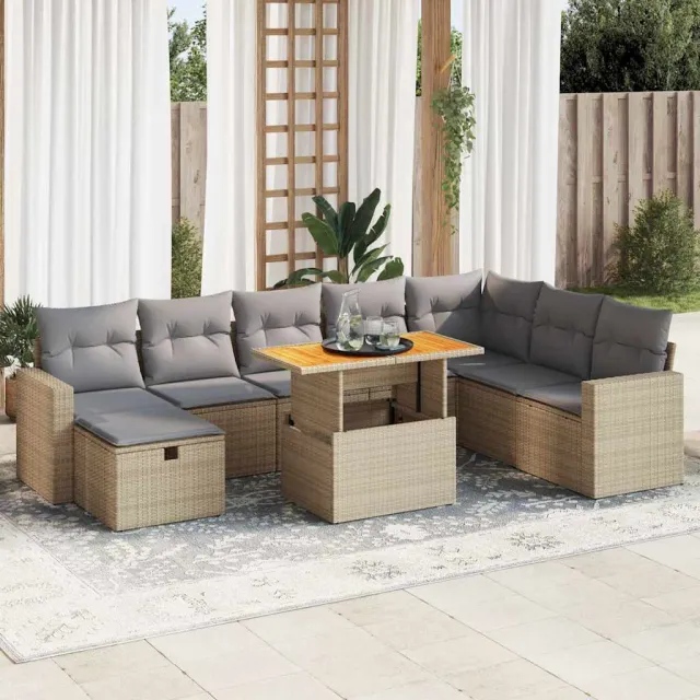 vidaXL 9-delige Loungeset met kussens poly rattan acacia beige, foto 2
