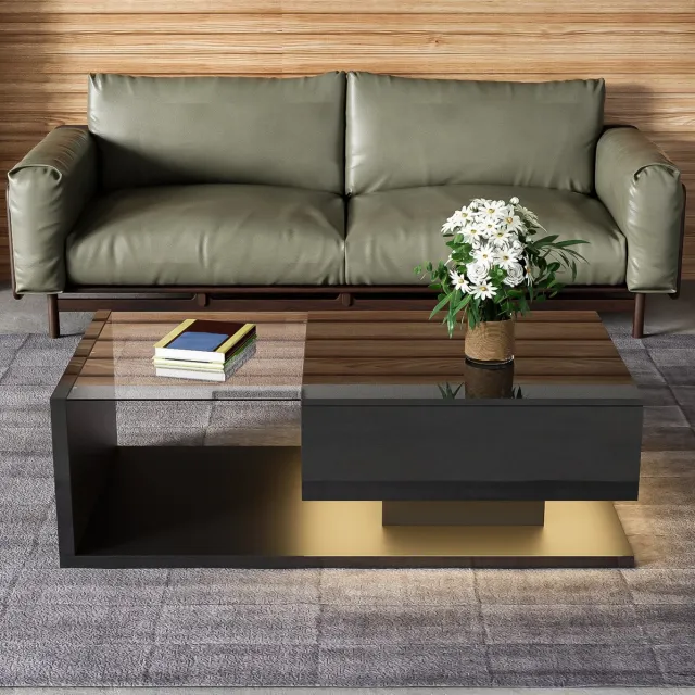 COVREO Salontafel 105 x 55 x 32,5 cm - hoogglans zwart, glazen blad met LED-effect
