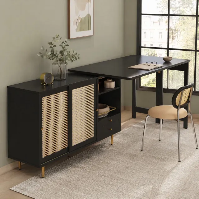 WUVRIE Bartafel 187 x 40 x 76 cm - 360° draaibaar en uitschuifbaar - Met opbergruimte - Zwart