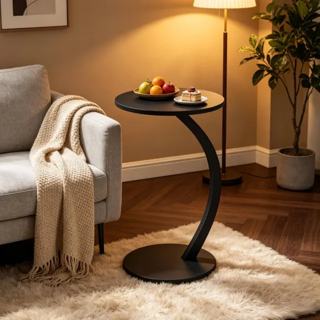 STILVORA Bijzettafel - C-Vorm Ronde Salontafel Voor Bank En Bed - Industrieel Design - MDF En Metaal - Zwart - 40 Cm