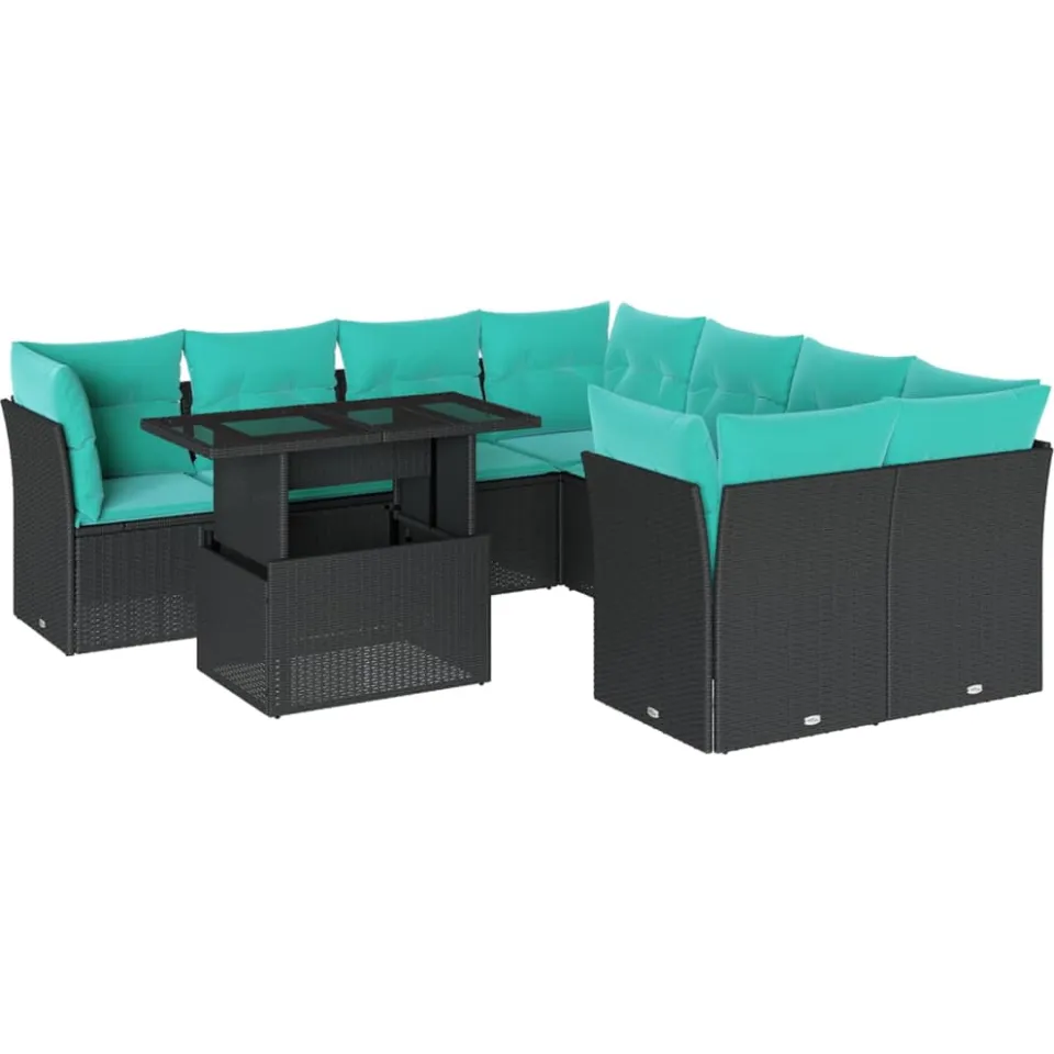 vidaXL 9-delige tuinbankset met kussens van zwart polyrotan, foto 3