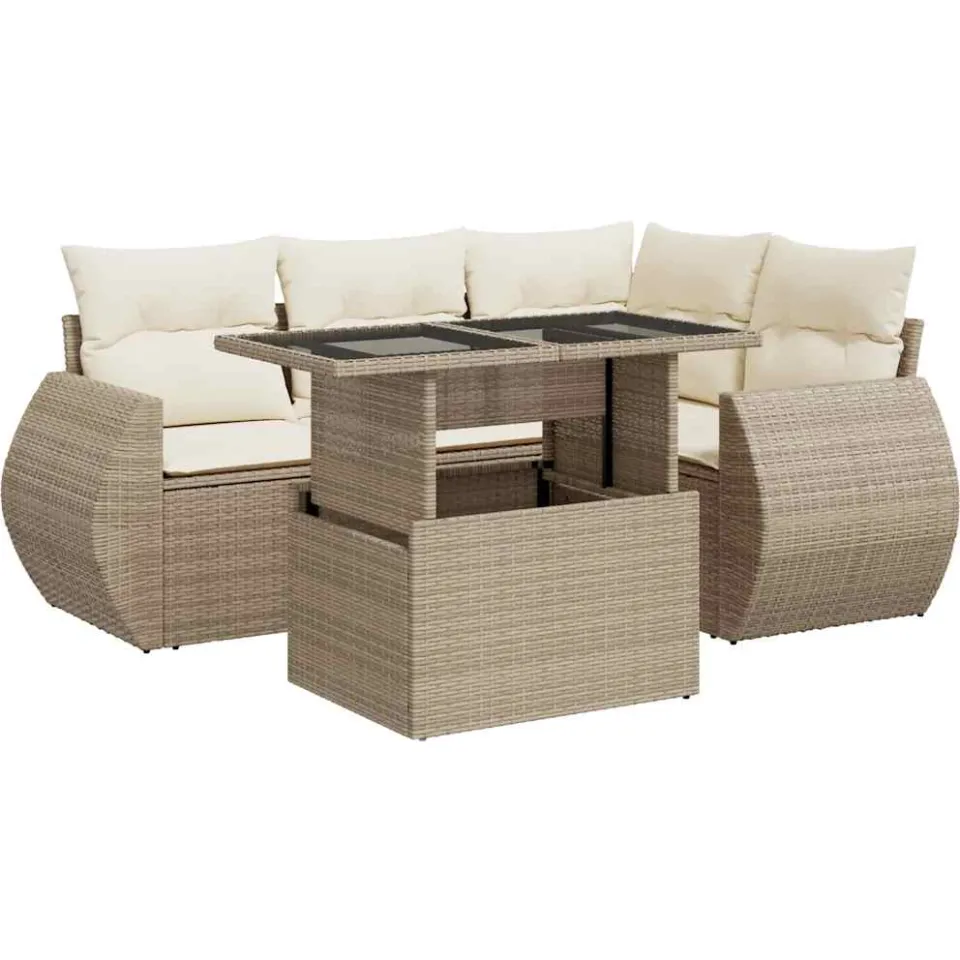 vidaXL 5-delige Loungeset met kussens poly rattan beige, foto 3