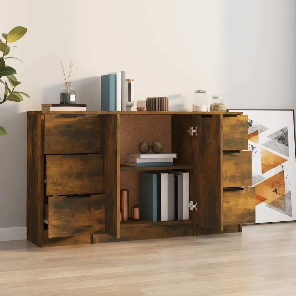 vidaXL Dressoirs 3 st bewerkt hout gerookt eikenkleurig, foto 3