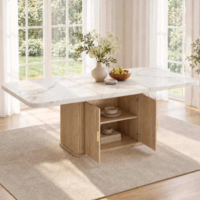 FloraGrace Uitschuifbare Eettafel - Opbergruimte Voor 6 Tot 8 Personen - Wit Marmerlookblad - MDF - 150 Tot 200 x 90 x 75 Cm - Eikenkleur