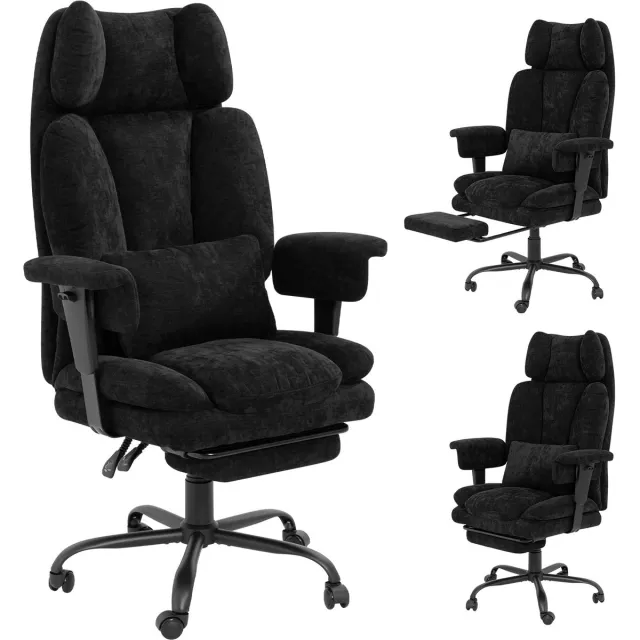 Puluomis Grote ergonomische Bureaustoel - Verstelbare armleuningen en rugleuning - Chenillestof - Draagvermogen 150 kg - Zwart