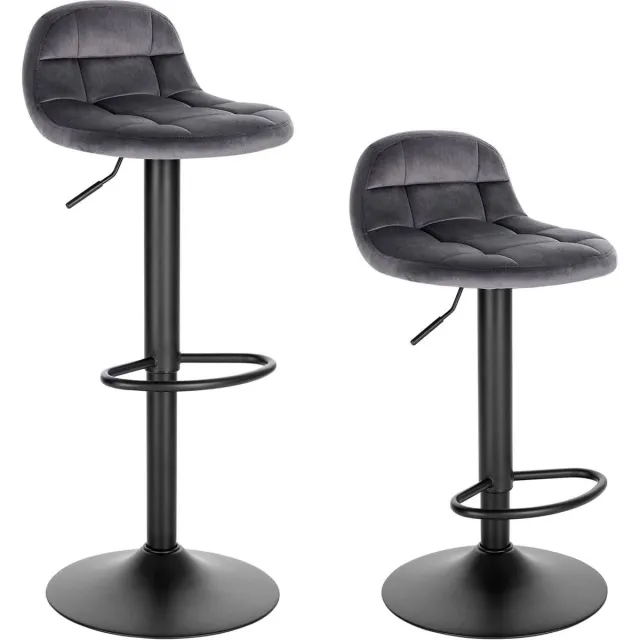 Happyment Luxe Barkruk Pluto - Industrial - Donkergrijs - Barkrukken set van 2 - Barstoel Kruk - Barstoelen met rugleuning - Keukenstoel - In hoogte verstelbaar - Velvet
