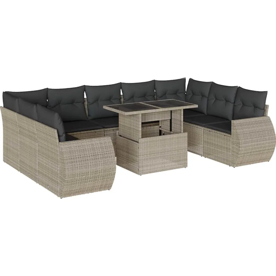 vidaXL 10-delige Loungeset met kussens poly rattan lichtgrijs grijs, foto 3