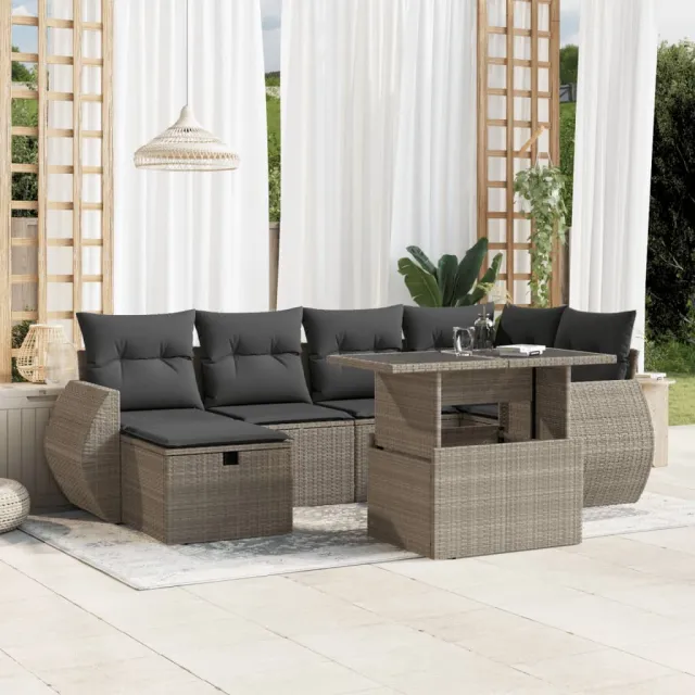 vidaXL 7-delige Loungeset met kussens poly rattan lichtgrijs grijs, foto 2