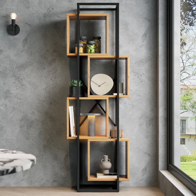 PHOEBE CAT Boekenkast - Open vitrinekast - MDF-planken - Metalen frame - Zwart + Naturel