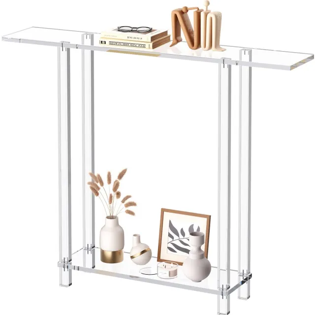 Vevor Consoletafel, Acryl Bijzettafel met 2 Niveaus en Open Opbergruimte Eronder, Moderne Rechthoekige Bijzettafel, Transparante Entreetafel voor Hal, 19,3 x 100 x 80 cm (Doorzichtig) Helder