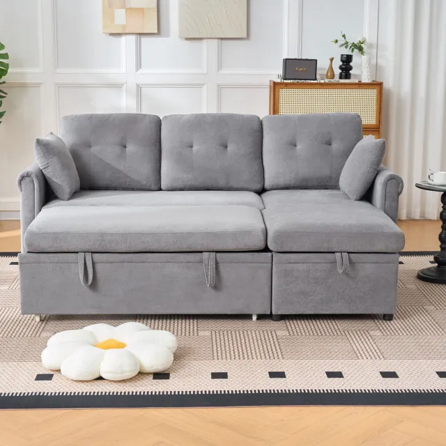 Wishdor Hoekbank met slaapfunctie en opbergruimte - Omkeerbare chaise longue - Zijvak en bedkast - Moderne L-vorm - Woonkamer gastenkamer - Chenille - Grijs - 206 x 130 x 85 cm