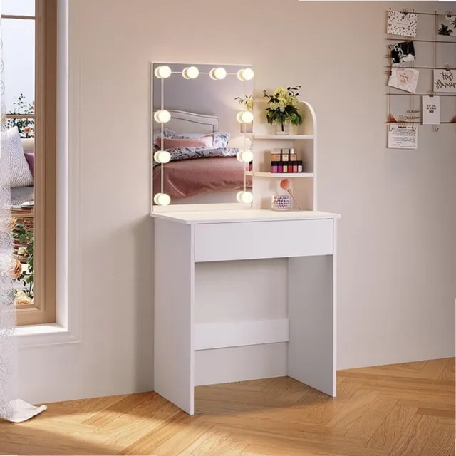 Sierra , Make-uptafel, kaptafel met spiegel, ledverlichting, laden, 3 open vakken, 3 lichtmodi, 10 helderheidsniveaus, cosmeticatafel, make-uptafel, slaapkamer, wit, 70 x 40 x 140 cm.