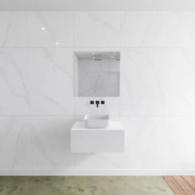 Mondiaz Badkamermeubelset Mondiaz LAGOM 70 cm met Topblad Gecentreerde Wastafel Solid Surface Opzetkom Binx Zonder Kraangaten Mat Wit (1 lade)