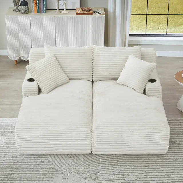 MODENUIT Slaapbank 2-Zits - Dubbele Chaise Longue Met Bekerhouders - Voor Woonkamer - Ribfluweel - Beige Wit