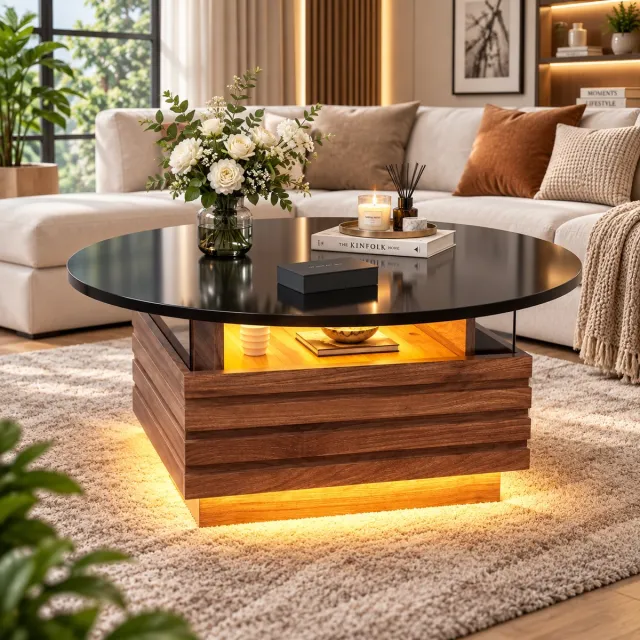 Rojellaa Ronde Salontafel met LED-verlichting en Opbergvak, Zwart Blad en Houtnerf Voet, 80 cm