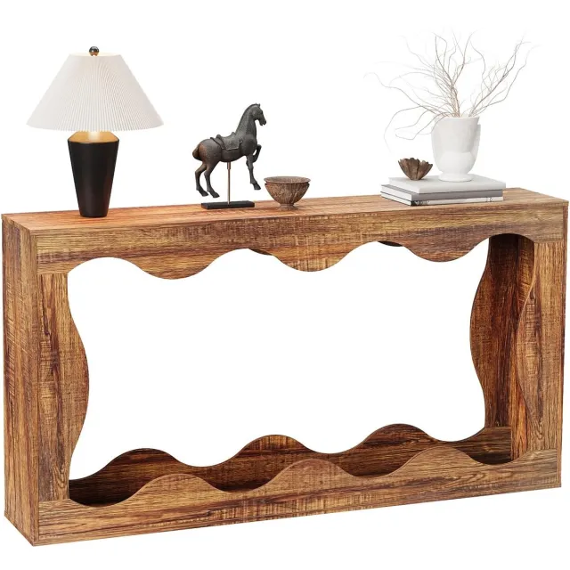 Danky Lange Sidetable 160 cm - Smalle Consoletafel met Golfdesign - Landelijke Wandtafel met 2 Niveaus - Voor Gang, Hal & Achter de Bank - Bruin