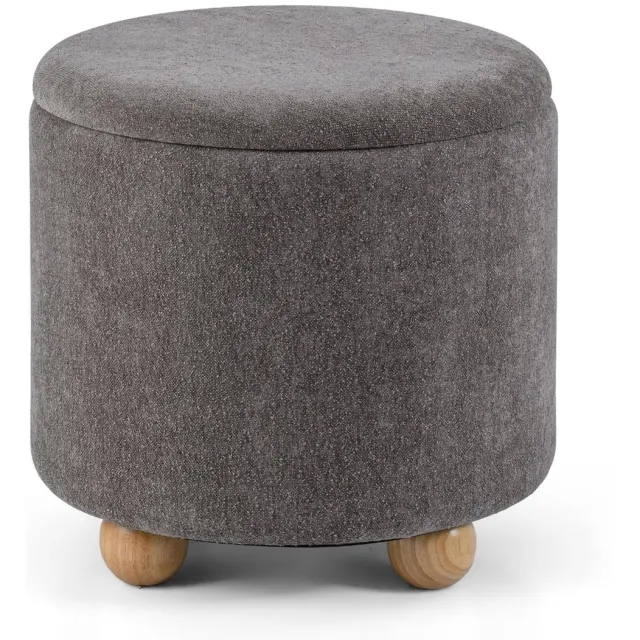 Famanu Ronde poef met opbergruimte, voetenbank van chenille-stof, antislip houten poten, make-upkruk voor woonkamer en slaapkamer, tot 150 kg belastbaar, diameter 44,5 cm Naturel