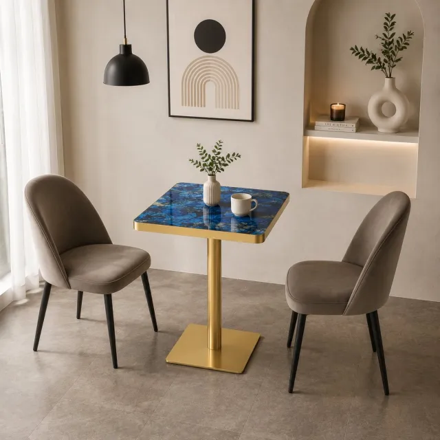 HAUSS SPOLE Eettafel - Vierkant Design Met Marmerlook En Goudkleurige Rand - Voor Eethoek En Bistro - MDF En Metaal - 60x60x74 Cm - Blauw