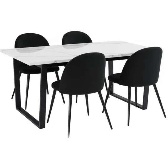 Actona Tilst eethoek eettafel wit marmerprint 90x160 4 stoelen velours zwart.