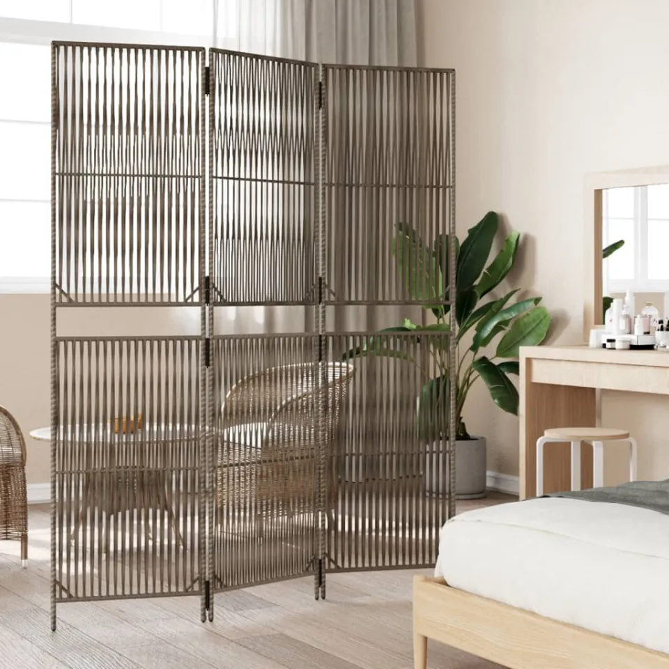 vidaXL Kamerscherm 3 panelen poly rattan grijs, foto 3