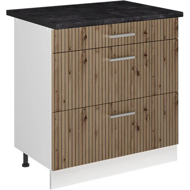 Vicco Keukenonderkast R-Line, Artisanaal eiken/Wit, 80 cm met 3 laden antraciet werkblad