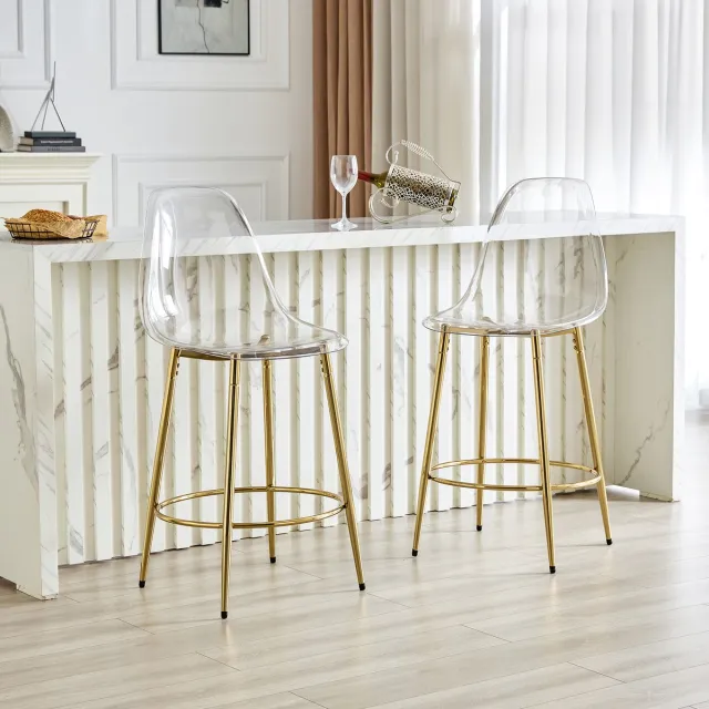 HAUSS SPOLE Barkruk Set Van 2 Transparant Met Gouden Metalen Poten Met Rugleuning En Voetsteun Voor Keuken Eiland En Bar Modern Design