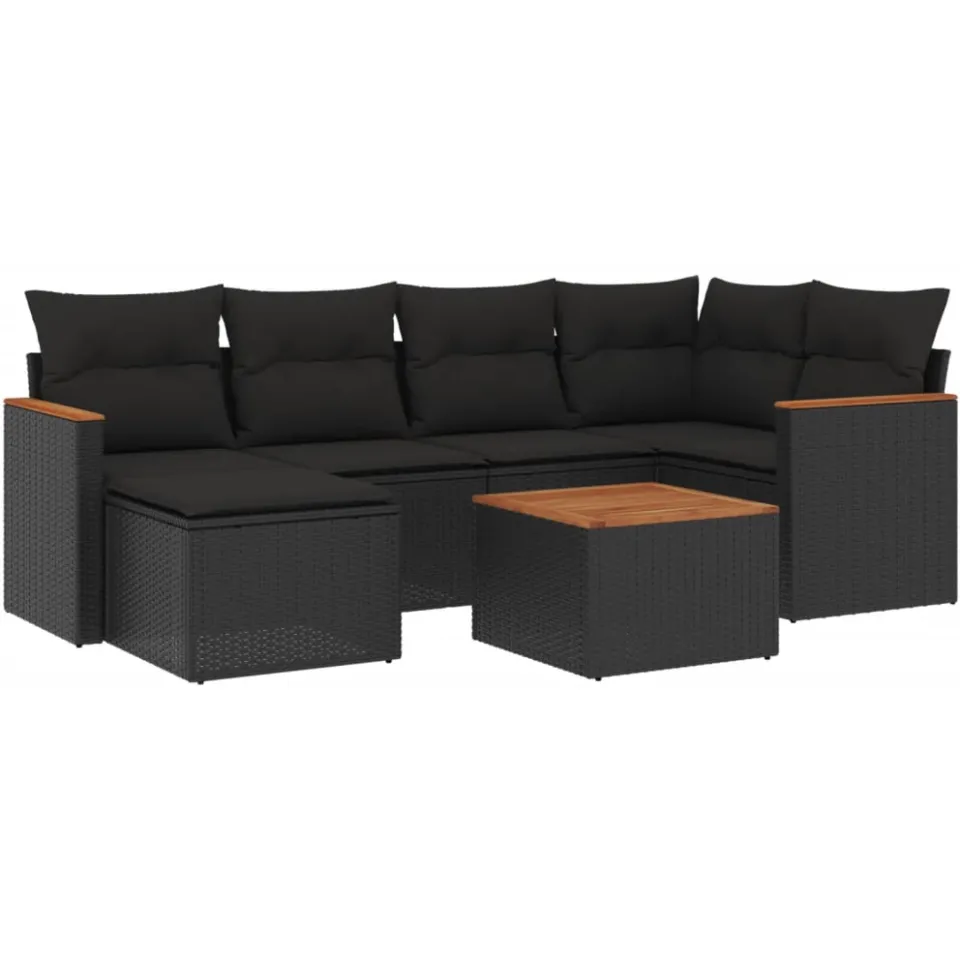 vidaXL 7-delige Loungeset met kussens poly rattan zwart