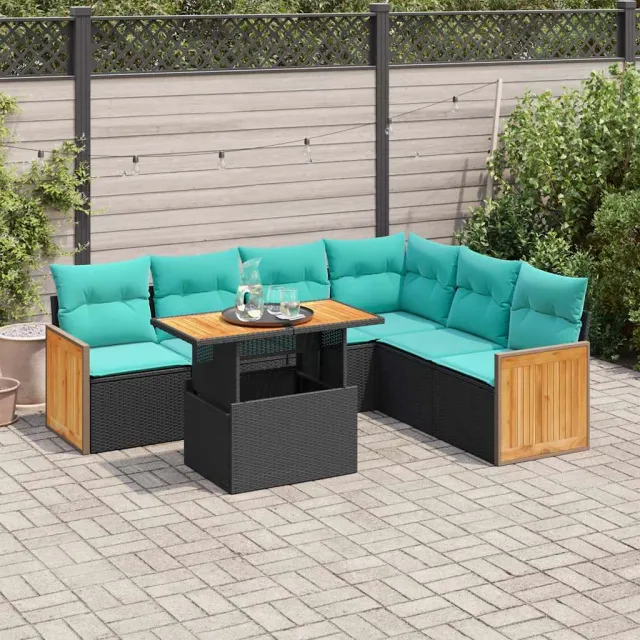 vidaXL 7-delige Loungeset met kussens poly rattan acacia zwart, foto 2