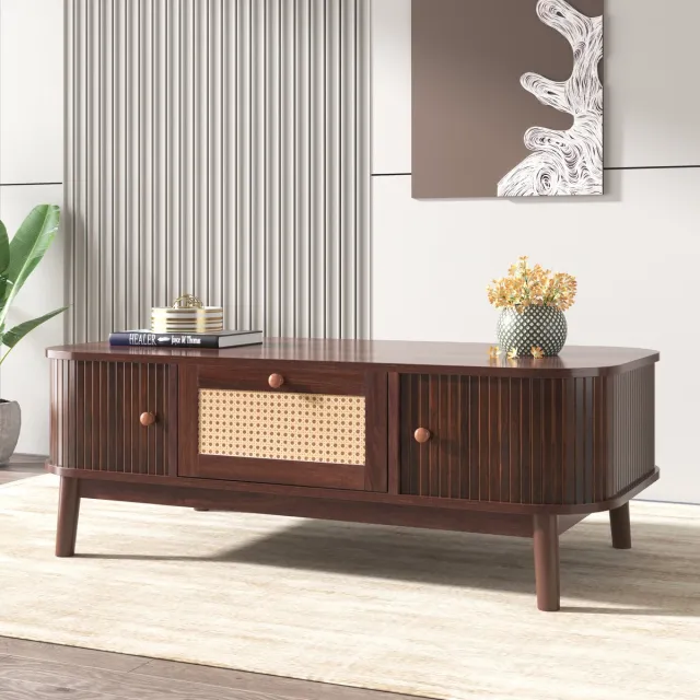 Wishdor Ovale Salontafel Walnoot 110x55 cm - Retro Mid-Century Design met Rotan Lade & Houten Roldeuren - Donkerbruin Natuurlijk