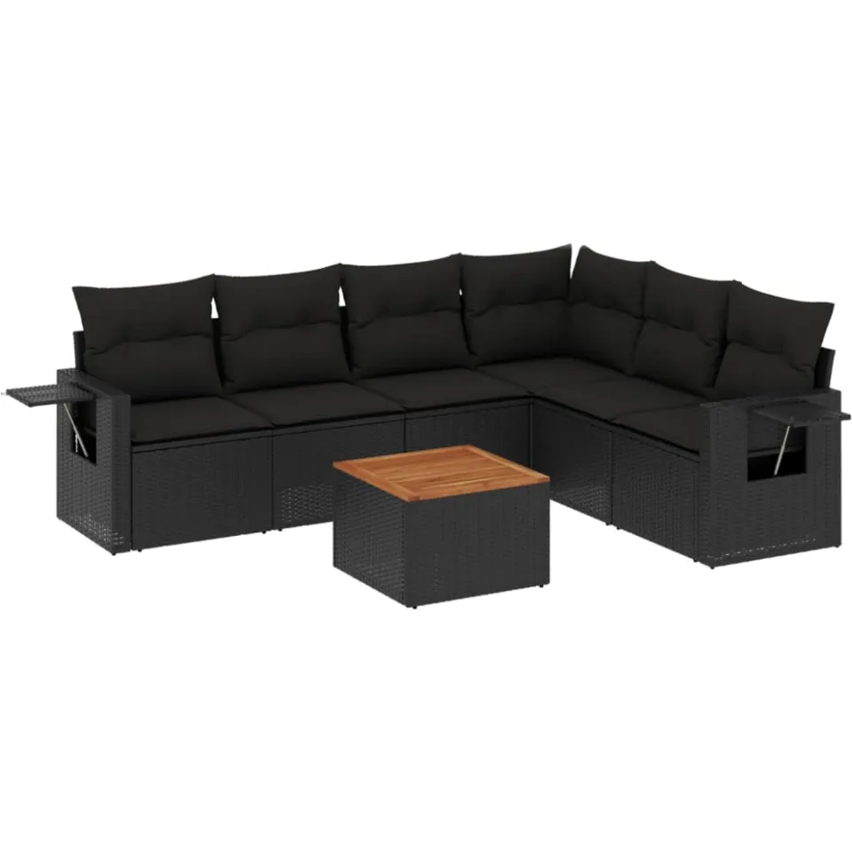 vidaXL 7-delige Loungeset met kussens poly rattan zwart, foto 3