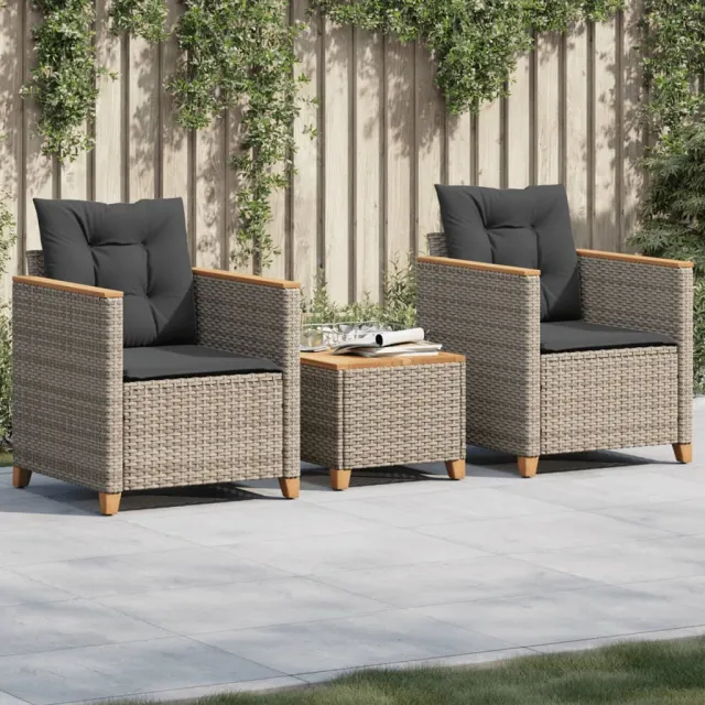 vidaXL 3-delige Bistroset met kussens poly rattan en acaciahout grijs, foto 2