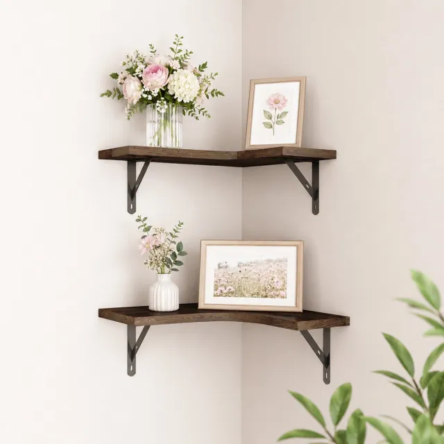 SNQ Zwevende planken - 2 stuks - Zwevende hoekplanken voor aan de muur - Wandplanken voor decoratieve opslag - Houten displayrekken voor woondecoratie - Geschikt voor slaapkamer, badkamer, keuken, wasruimte, woonkamer Kleur