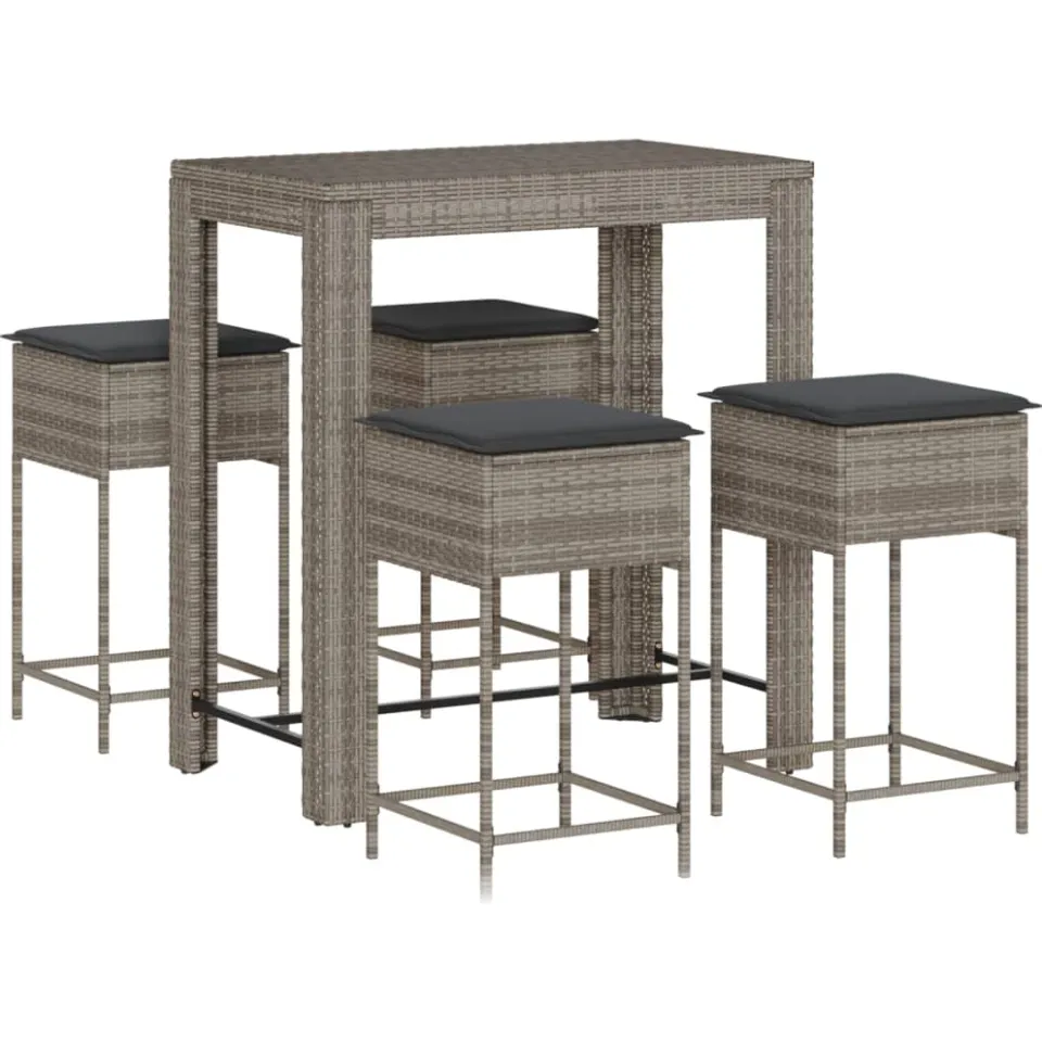 vidaXL 5-delige Tuinbarset met kussens poly rattan grijs