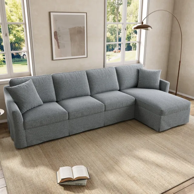 Sweiko Hoekbank 4-zits - L-vormige bank - Met opbergruimte - Afneembare en wasbare linnen - 274 × 128.5 × 83 cm - Grijs