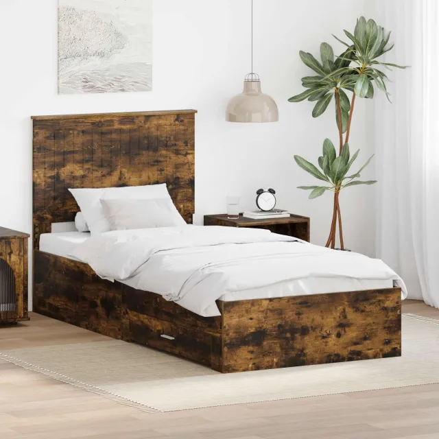 vidaXL Bedframe met lade Gerookt eiken 90 x 190 cm Bewerkt hout Bruin