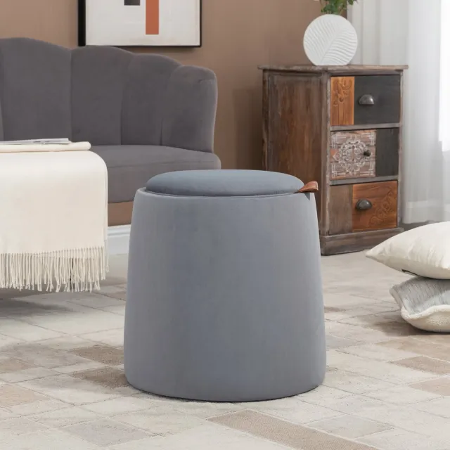 MODENUIT Poef Rond Met Opbergruimte En Afneembare Deksel Ø44 Cm X 47,5 Cm Polyester Grijs Als Bijzettafel In Woonkamer