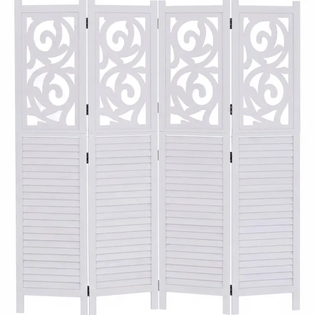 MCW Kamerscherm T568, scheidingswand, privacywand, ruimteverdeler, met ornamenten, opvouwbaar, paulowniahout, 170 x 160 cm ~ wit