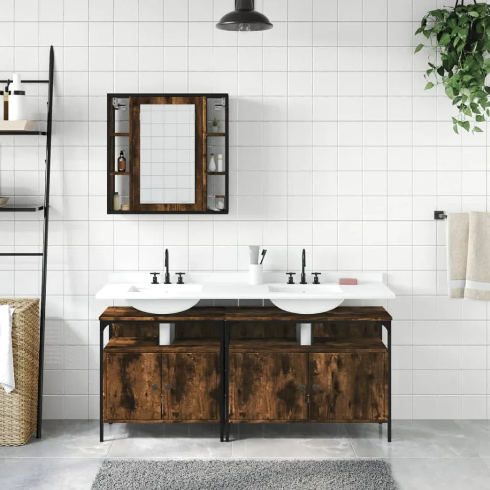 vidaXL 3-delige Badkamermeubelset bewerkt hout gerookt eikenkleurig, foto 2