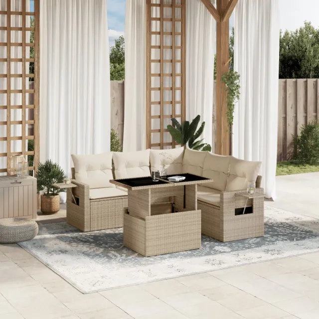 vidaXL 6-delige Loungeset met kussens poly rattan beige, foto 2