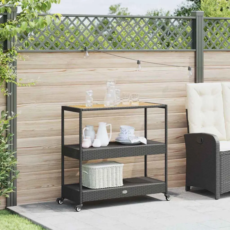 vidaXL Bartrolley 3-laags poly rattan en massief acaciahout zwart, foto 3