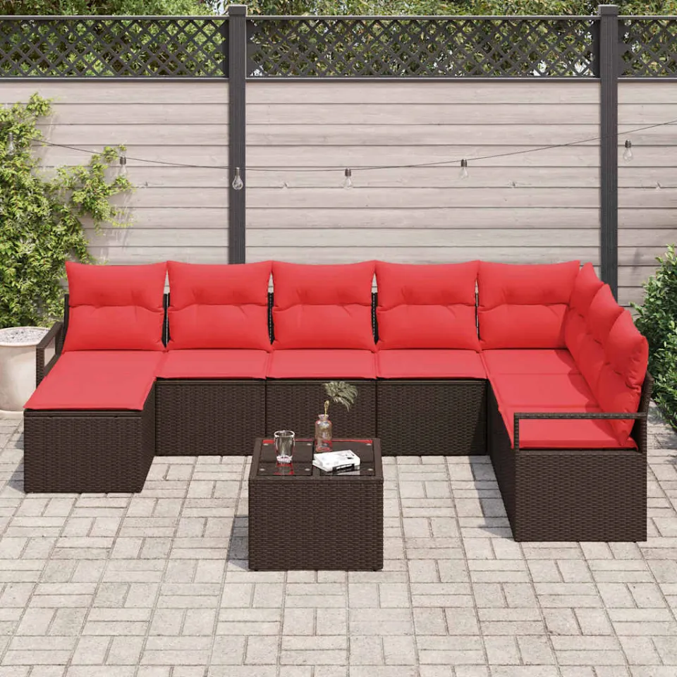 vidaXL Bankstel 9 st Bruin en Rood poly rattan, foto 3