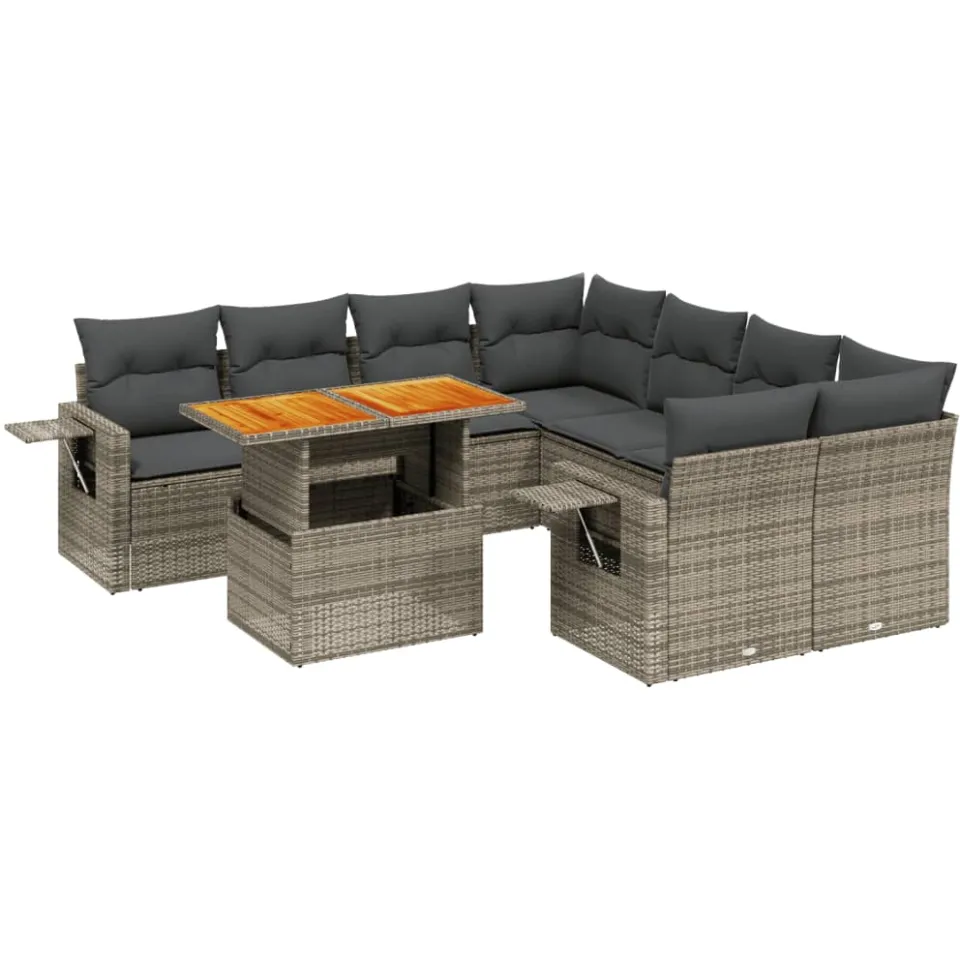 vidaXL 9-delige Loungeset met kussens poly rattan grijs, foto 3